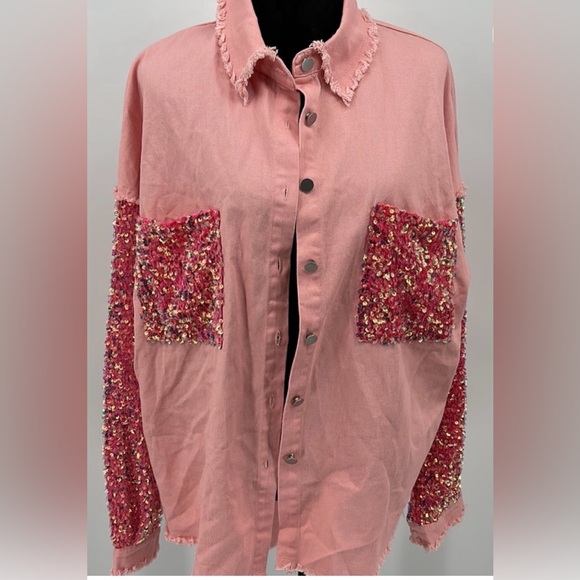 Tops - Pink Button-Up Shirt Jacket shacket with Sequin Details NWT